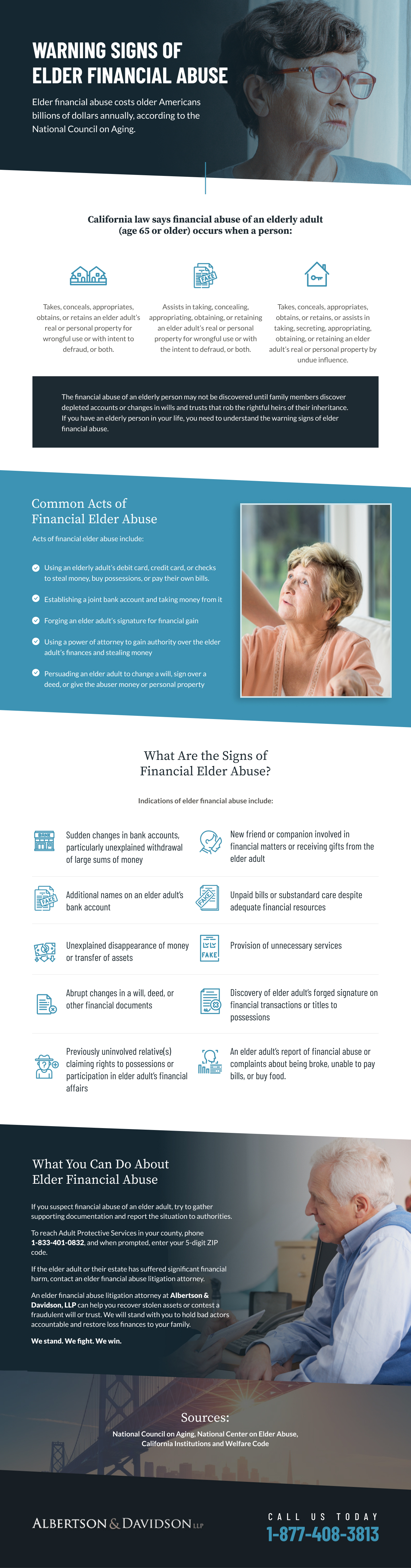 Infographic on Warning Signs of Elder Financial Abuse by Albertson & Davidson California Attorneys